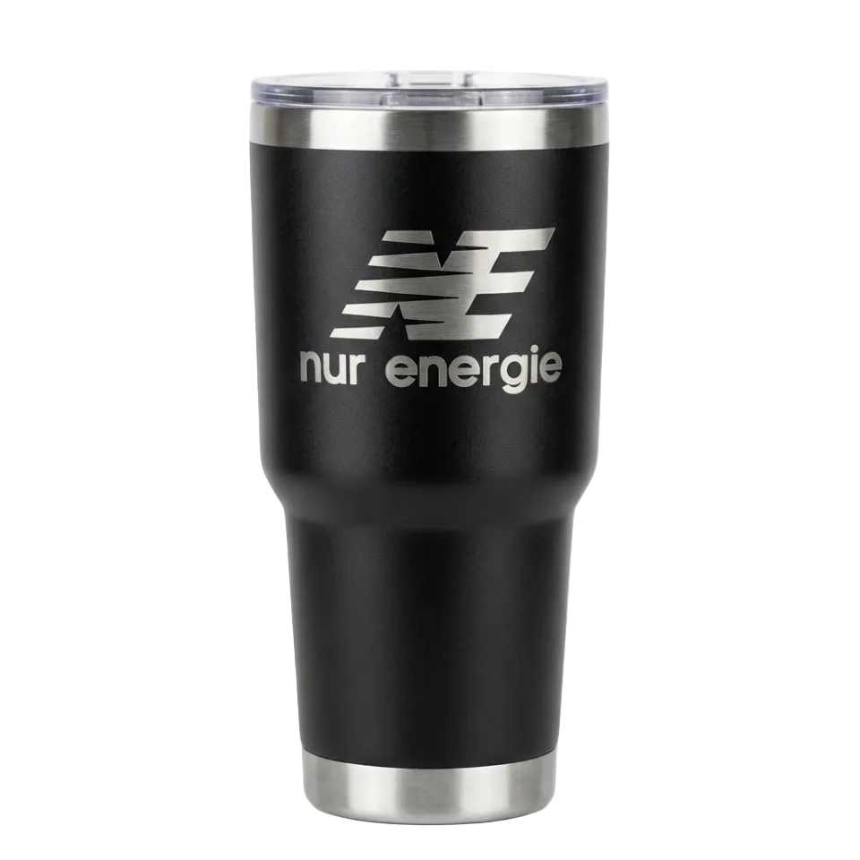 NE nur energie - Gravierter Thermobecher mit Deckel - doppelwandiger Edelstahl - 880 ml